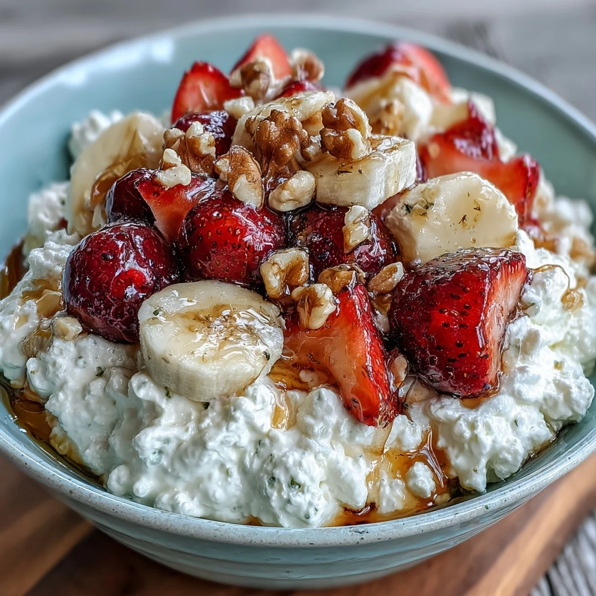 Nutritious cottage cheese fruit bowl featuring strawberries, honey, and optional nuts, offering a refreshing and protein-packed meal.