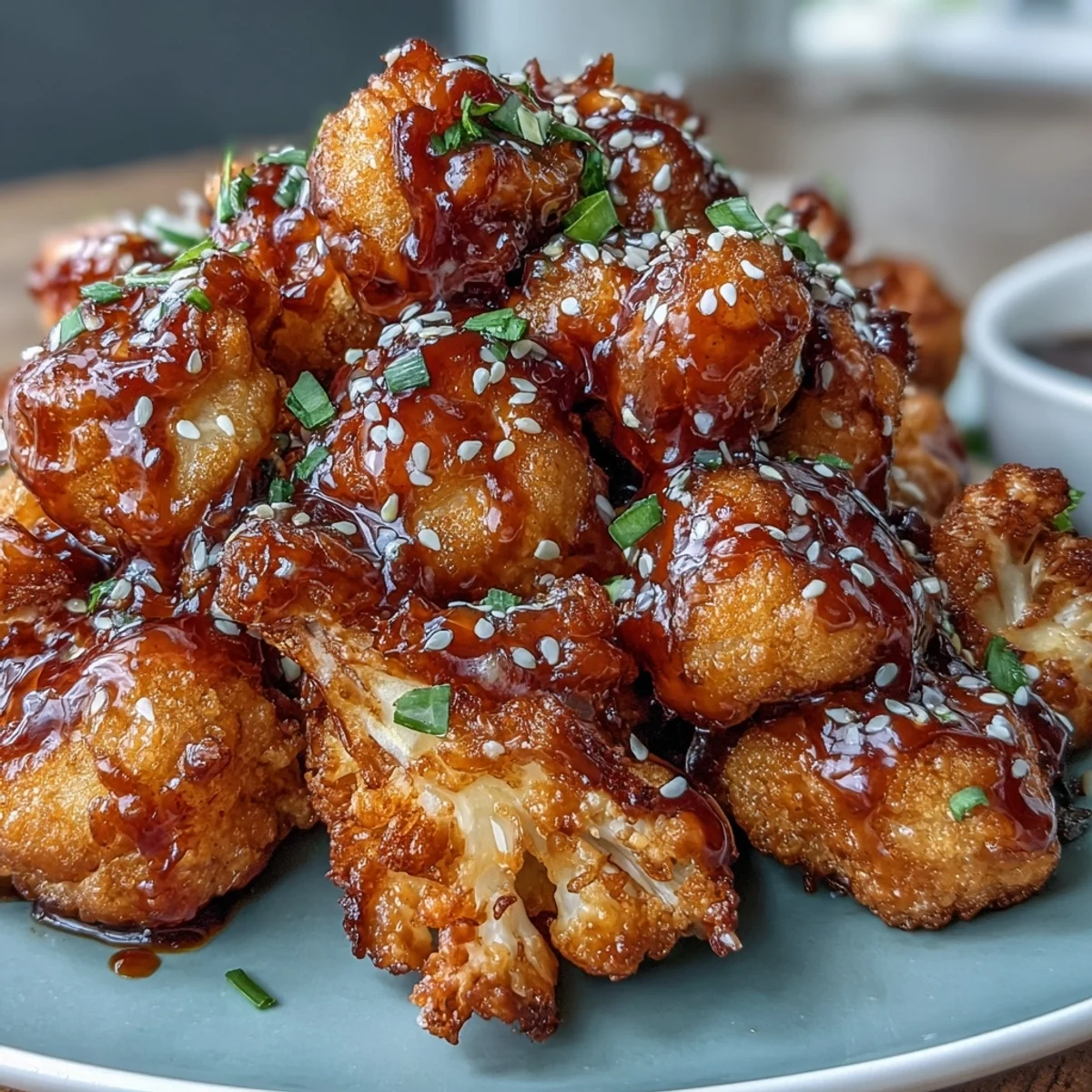 Golden battered cauliflower bites tossed in tangy General Tso's sauce, served hot with a sprinkle of toasted sesame seeds and fresh green onions.