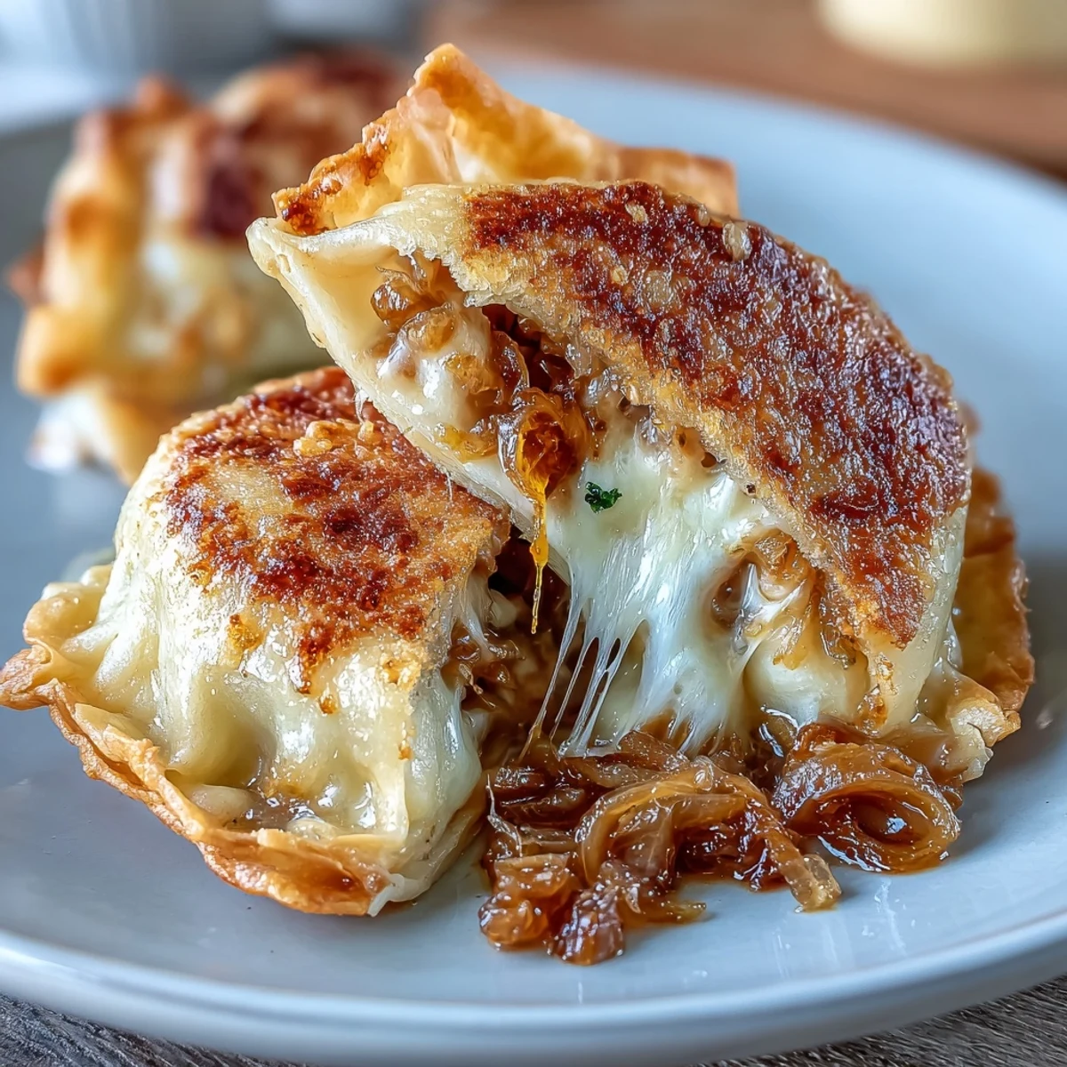 Bite-sized French onion soup dumplings with crispy bottoms and a cheesy, onion-filled center.