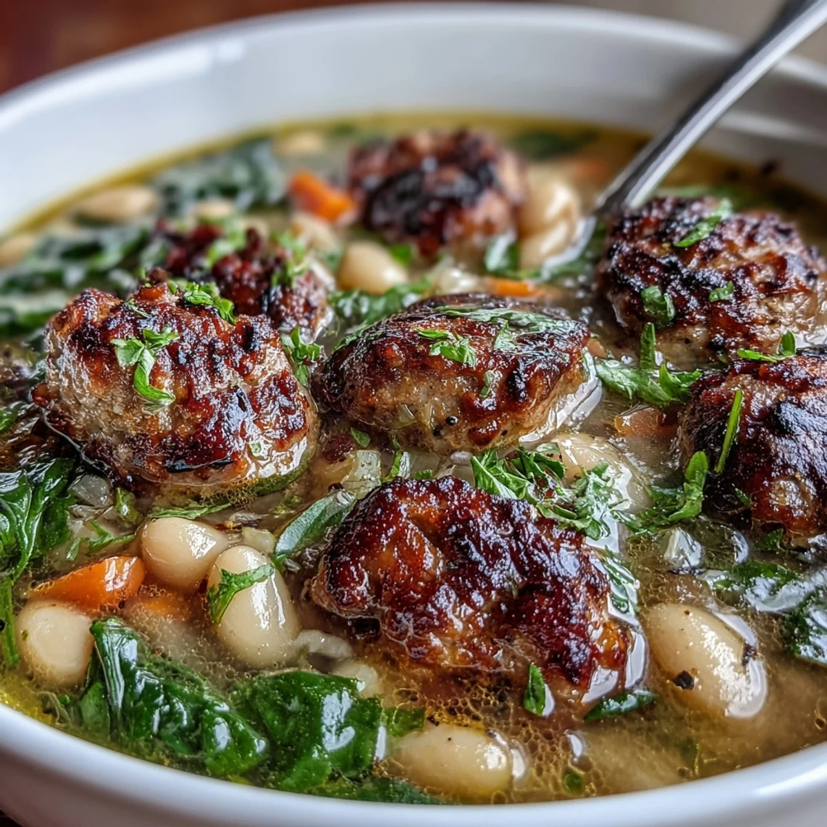 Hearty Tuscan white bean soup with Italian sausage, vegetables, and herbs in a rustic bowl.  