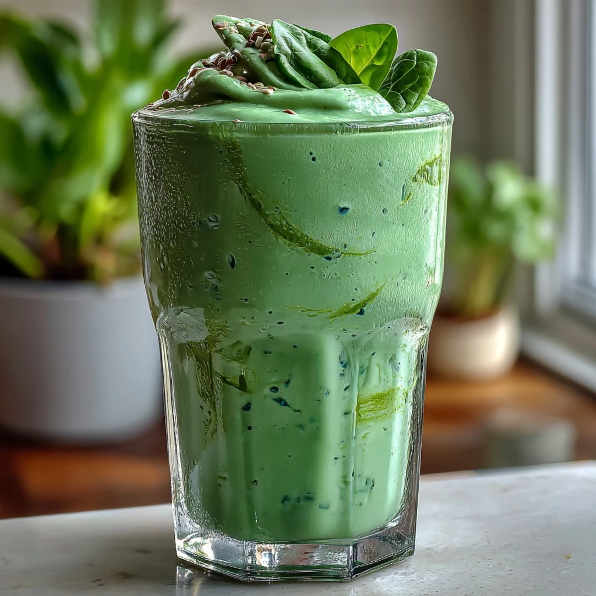 A vibrant green shamrock smoothie with fresh pineapple chunks, creamy banana, and nutrient-rich spinach in a tall glass.  