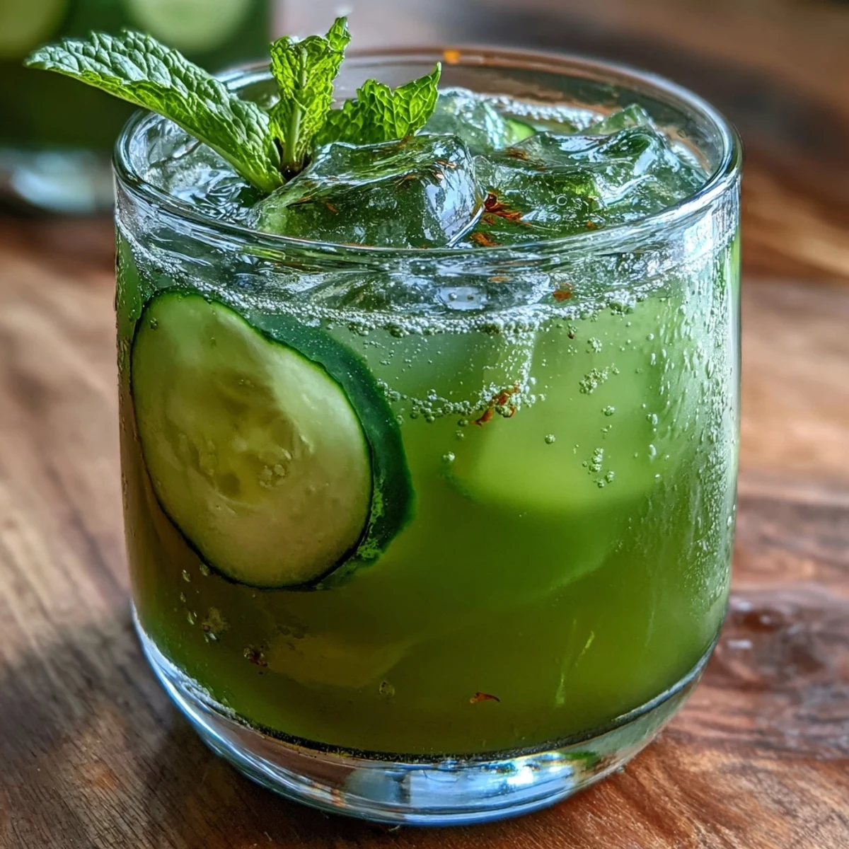 Refreshing cucumber, apple, and ginger juice blend served chilled with a lemon wedge and mint leaves.