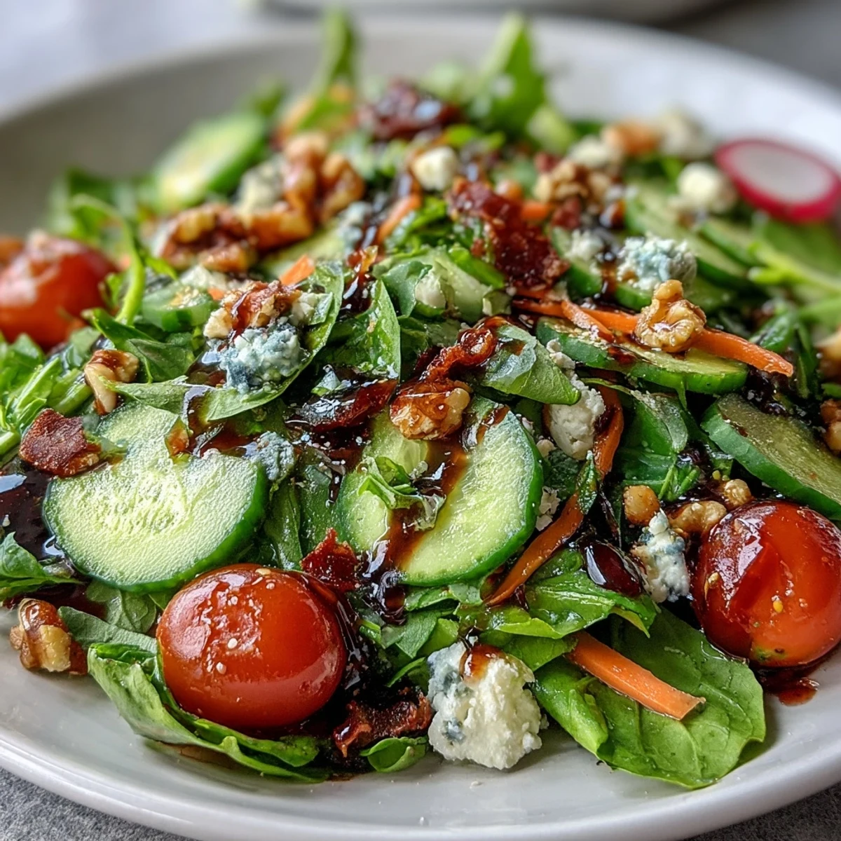 Vibrant spring greens salad featuring juicy cherry tomatoes, crunchy nuts, and creamy feta, all coated in a luscious honey mustard dressing.