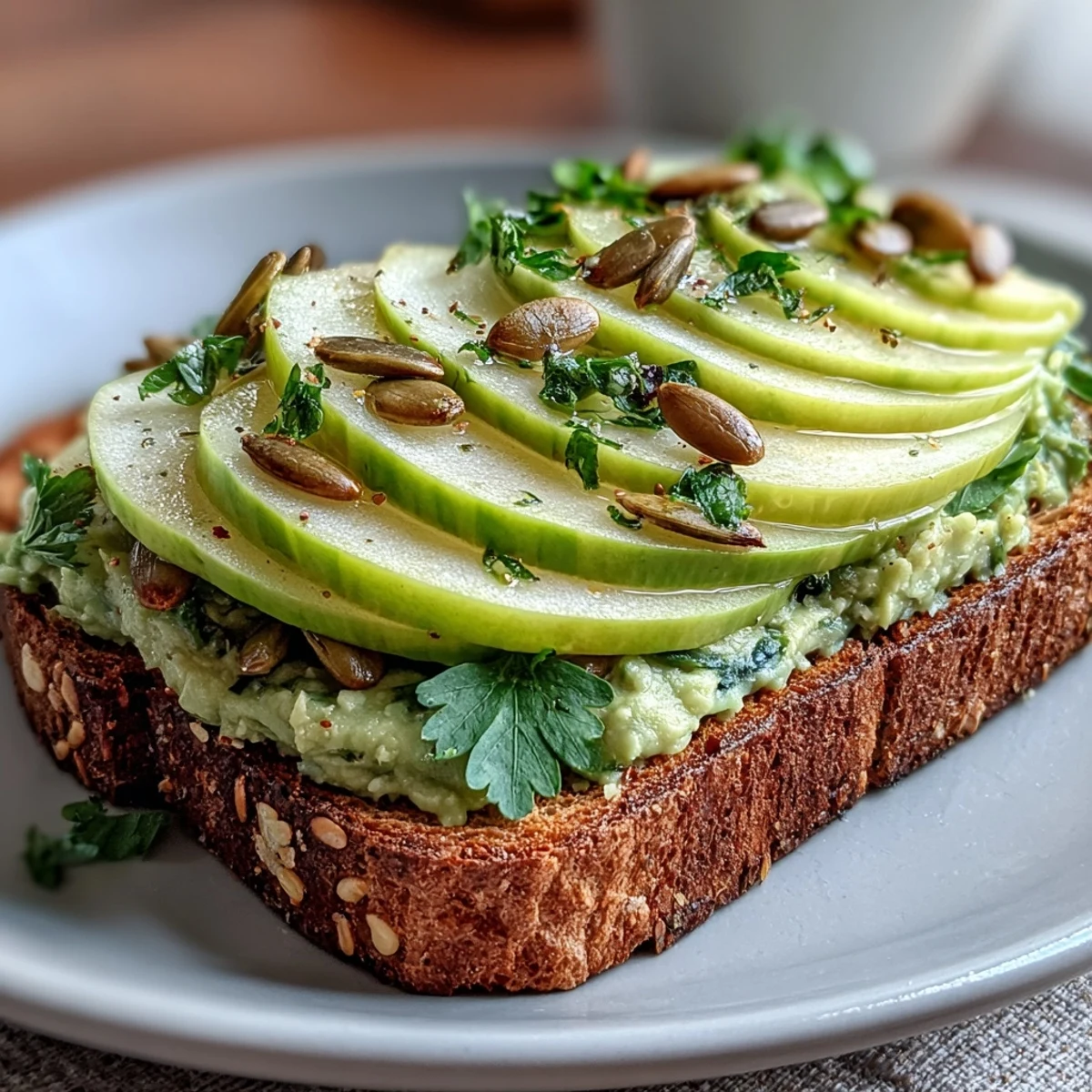 A vibrant avocado and green apple breakfast toast topped with crunchy pumpkin seeds for a fresh start.