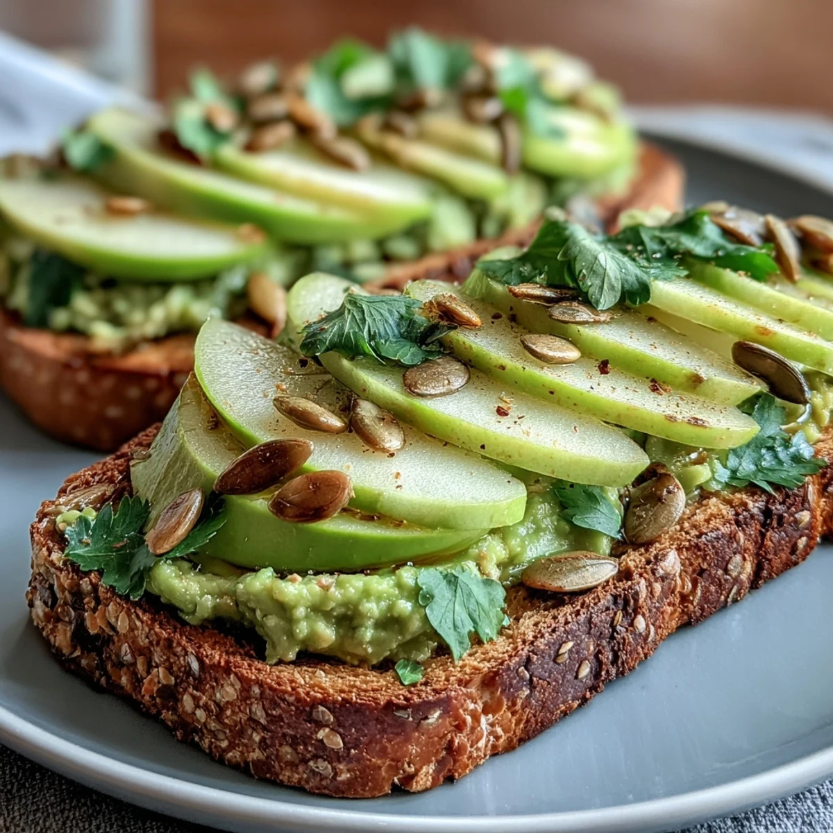Nutritious breakfast toast featuring ripe avocado, tart green apple, and toasted pumpkin seeds with fresh herbs.