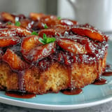 Golden Brown Sugar Peach Upside-Down Cake, a warm, gooey summer delight.