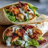Close-up of savory chicken Caesar wraps packed with fresh romaine and creamy dressing.