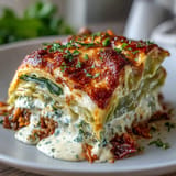 Savory Cabbage Dumpling Lasagna layered with tender leaves and rich sauce.