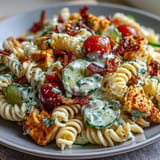 A hearty serving of Chicken Bacon Ranch Pasta Salad, featuring pasta, chicken, and bacon.