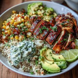 Generously topped Street Corn Chicken Rice Bowls bursting with color and lime.