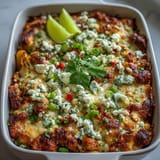 Golden brown Street Corn Chicken Pasta Bake, a cheesy delight with vibrant cilantro garnish.
