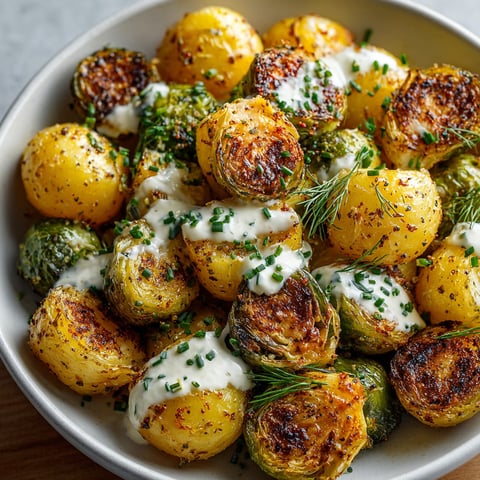 Golden-brown Pickle-Fix Roasted Brussels & Potatoes, drizzled with creamy ranch dressing for a flavorful side.