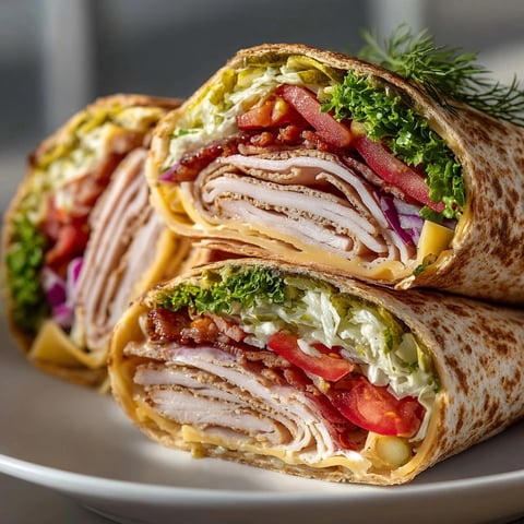 A vibrant wrap showcasing delicious Pickle Juice Brined Turkey Club, layered with fresh ingredients.