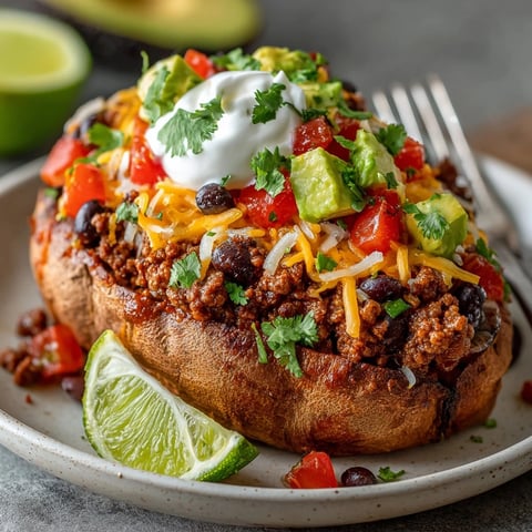 Savory-looking baked Taco Stuffed Sweet Potatoes, loaded with seasoned beef and fresh toppings for dinner.
