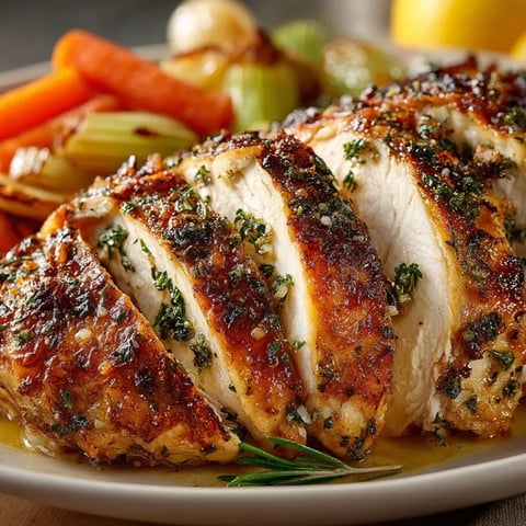 Golden garlic herb roasted chicken on a platter, steam rising, served with tender roasted vegetables.