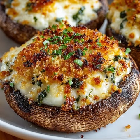 Stuffed Cheese Portobello Mushrooms baked until golden, served warm as a savory appetizer.