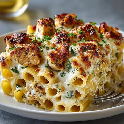 Creamy Chicken Alfredo Pasta Bake fresh from the oven, bubbling with golden melted cheese.