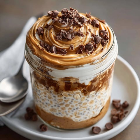 Peanut Butter Chocolate Chip Overnight Oats in a glass jar topped with creamy swirls and melty chips.