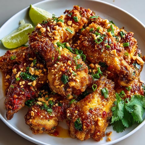 Peanut Butter Sriracha Chicken Wings glazed in spicy-sweet sauce, garnished with peanuts and green onions on platter.