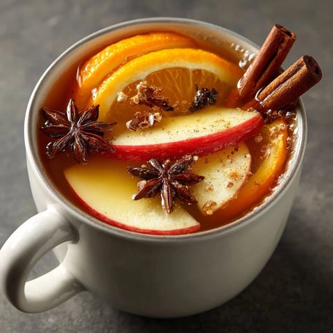 Aromatic spiced apple cider punch simmering, showing warm hues and sliced fruit.
