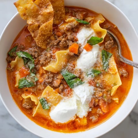 Hearty Lasagne Soup with crispy Parmesan chips garnished with fresh basil.  