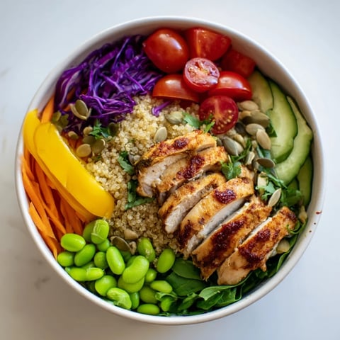 Colorful Healthy Meal-Prep Bowls layered with grilled chicken and fresh vegetables.  