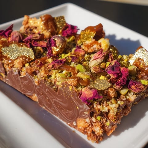 Decadent chocolate bar inspired creations topped with spiced date caramel and pistachios.  