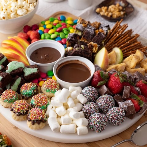 A colorful dessert board with themed snacks for holidays or game nights.  