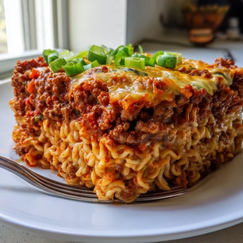Spicy Ramen Lasagna layered with zesty meat sauce and melted cheese, enticingly hot.