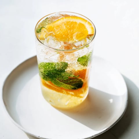 A sparkling probiotic soda mocktail served with fresh mint and citrus slices.  