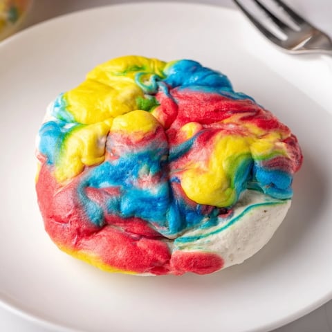 Fluffy cloud bread rainbow version topped with fresh berries for a delightful treat.  
