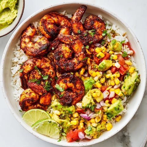Blackened shrimp bowl with creamy avocado corn salsa and fluffy rice.  