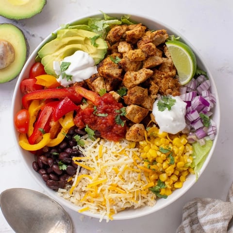 Savory Sheet Pan Chicken Burrito Bowls piled high with vibrant veggies and toppings.  
