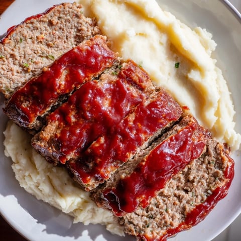 Classic Meatloaf & Mashed Potatoes plate, a homey dinner ready to slice.
