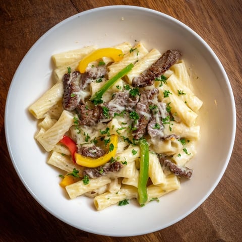 Philly Cheese Steak Pasta glistening, with tender beef and cheesy sauce coating the penne beautifully.