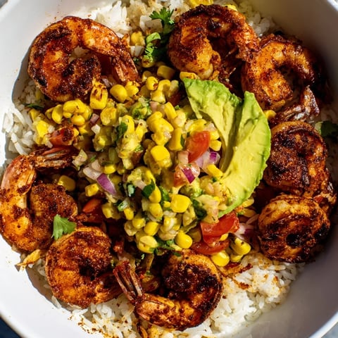 Juicy, grilled shrimp in an Easy Grilled Shrimp Bowl, complemented by colorful, vibrant avocado corn salsa.