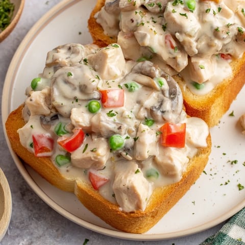 Creamy Chicken à la King over toast, a comforting American classic with tender chicken and veggies.