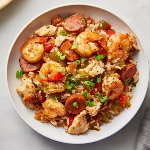 A steaming Cajun Jambalaya Rice Bowl with shrimp, chicken, and sausage, a Southern classic.