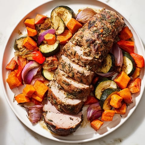 Sizzling roasted garlic pork tenderloin, surrounded by colorful, caramelized vegetables ready for serving.