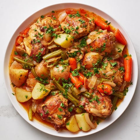 Tender Slow-Cooker Chicken & Vegetable Stew, a warm, inviting bowl of wholesome comfort food.