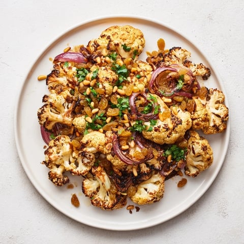 Warm roasted cauliflower salad with lemon pine-nut dressing, beautifully plated and ready to serve.