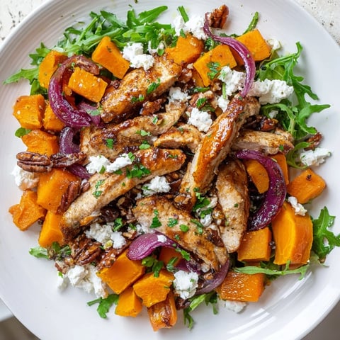 Golden-brown roasted chicken with caramelized squash makes this colorful sheet-pan salad.