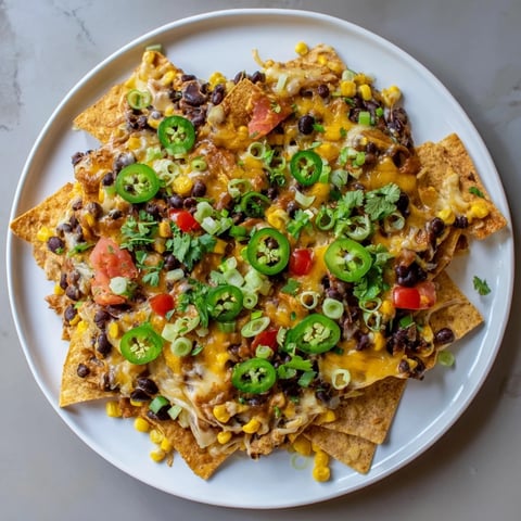 Golden sheet-pan nachos with melted cheese, vibrant veggies, and flavorful pantry beans ready to enjoy.