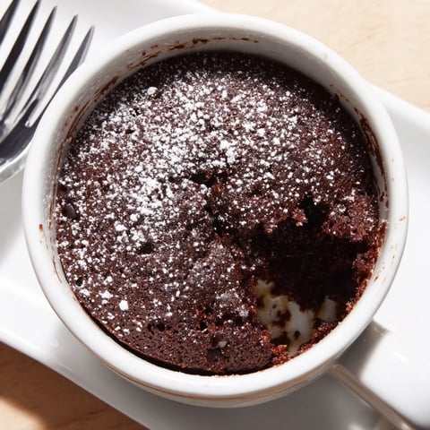 Warm, freshly baked microwave mug cake, a quick and easy dessert for one person, ready to enjoy.