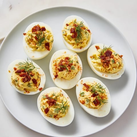 Savory loaded deviled eggs, topped with smoked paprika, perfect for a party appetizer.