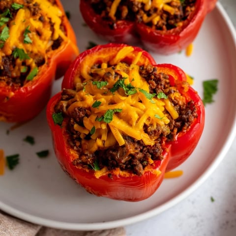 Steaming, vibrant Sloppy Joe Stuffed Peppers overflowing with a savory ground beef and tomato sauce filling.