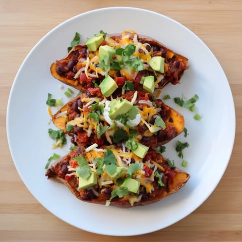 Savory baked sweet potato chili boats, filled with a hearty chili, ready to enjoy with fresh toppings.