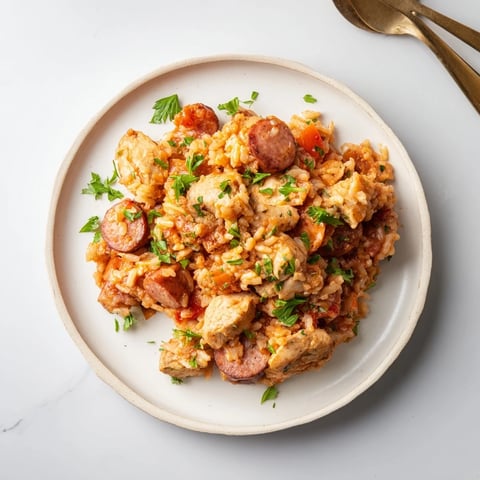 Steaming Simple Chicken and Sausage Jambalaya Bake, a rustic, comforting dish with savory chicken and sausage.