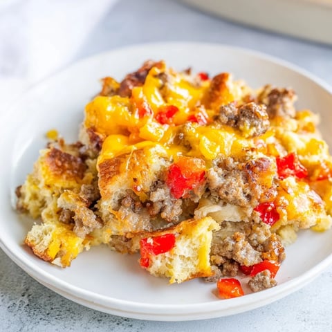 Golden-brown Lightning-Fast Breakfast Sausage Casserole, bubbly cheese, ready to serve with fresh salsa.