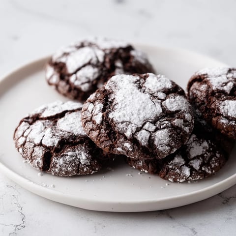 Image of air-fried chocolate crinkle cookies: crackled, powdered sugar tops on a plate.